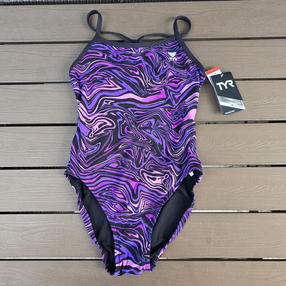 TYR Women's Durafast Elite Heatwave Crosscutfit Purple One Piece Swim Sz 34